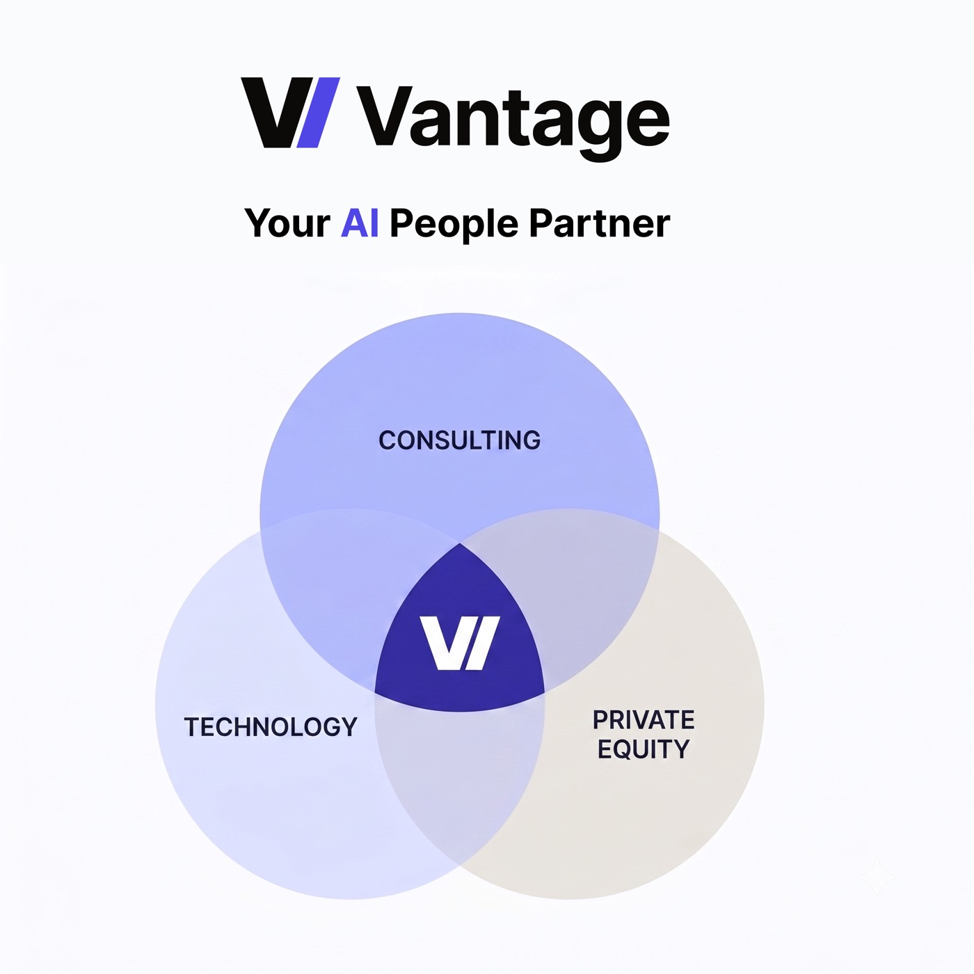 Venn diagram showing Vantage at the intersection of Consulting, Technology and Private Equity, positioned as your AI People Partner.